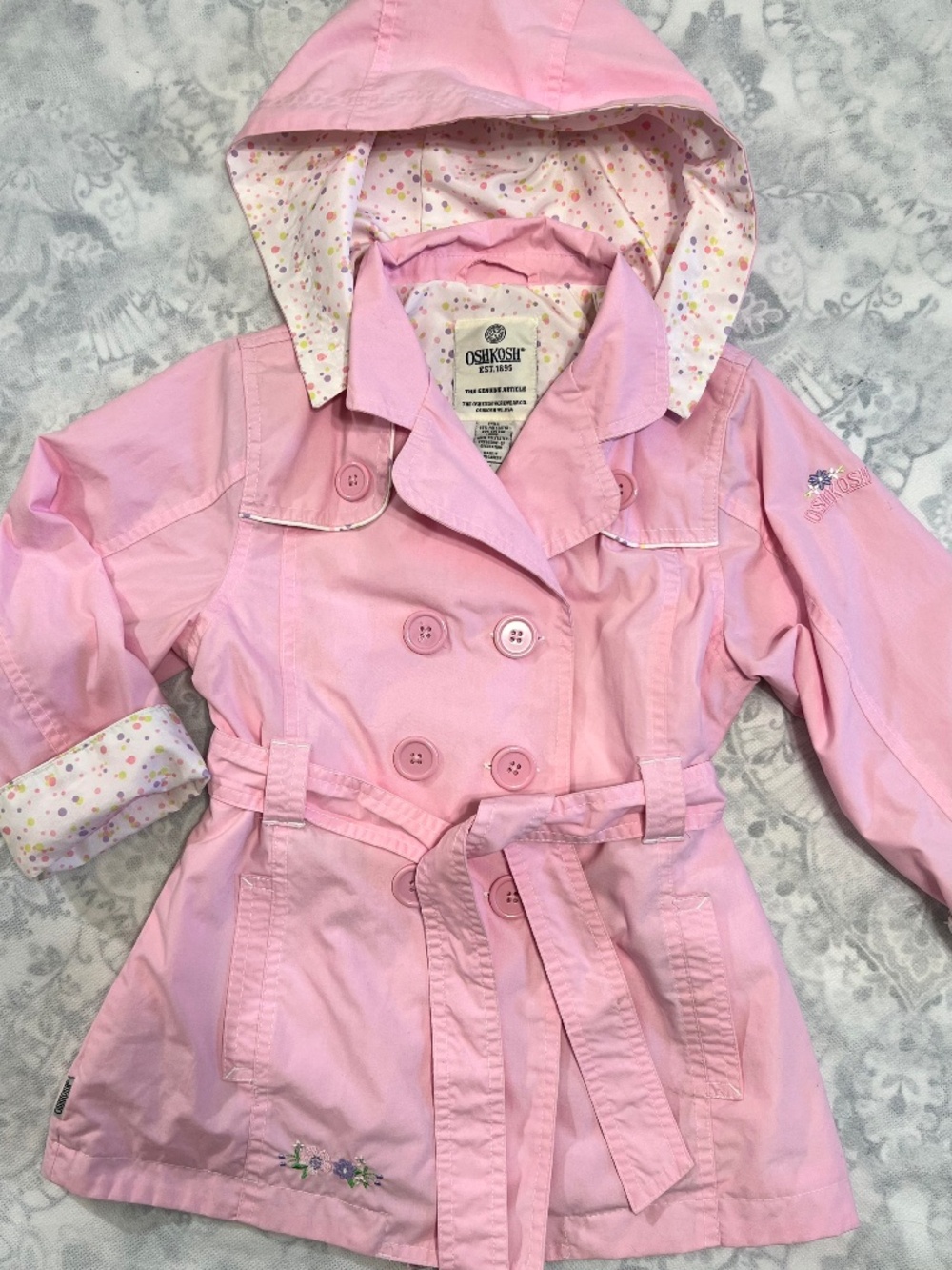 VTG OshKosh B'gosh Girls Sz 5 Pink Spring Trench Coat Hooded Rain Polka Dot 90s